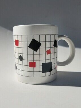 Vintage White Ceramic Mug with Black and Red Geometric Grid Pattern